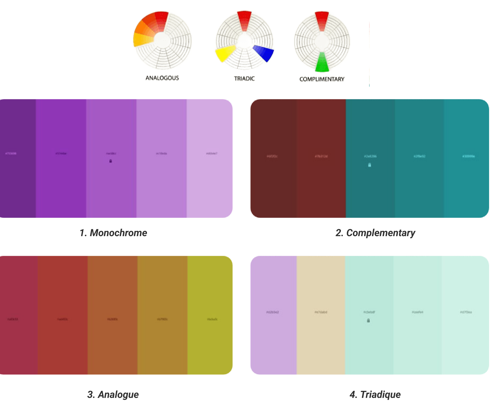Color schemes — color wheel and palette examples
